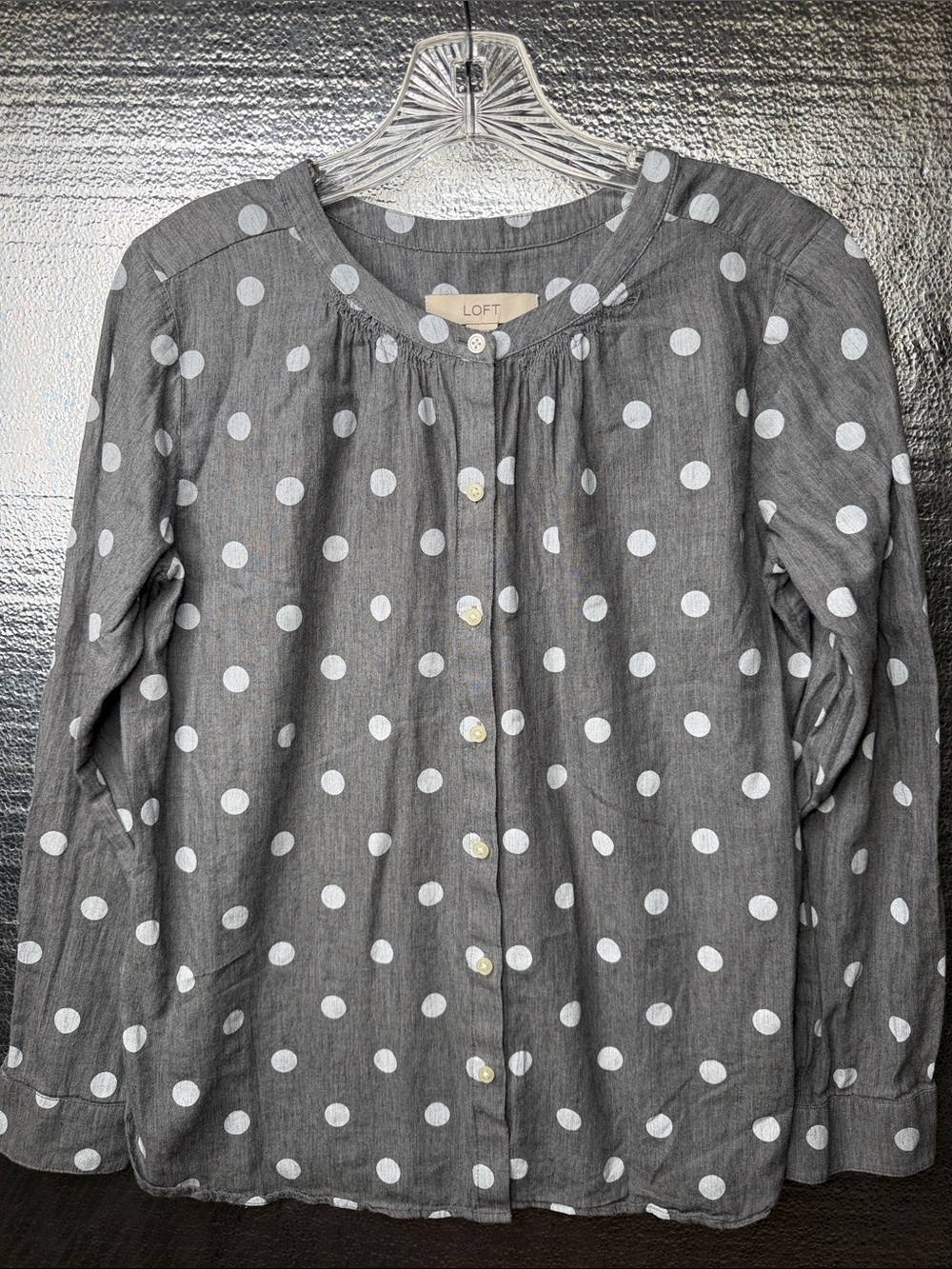 LOFT Gray Polka Dot Round-Neck Button-Down Blouse